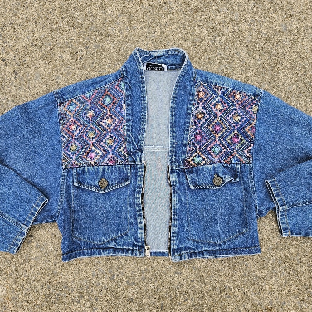 Womens S Cropped Festival Denim Jacket Small Boho Patchwork Embroidered Artsy